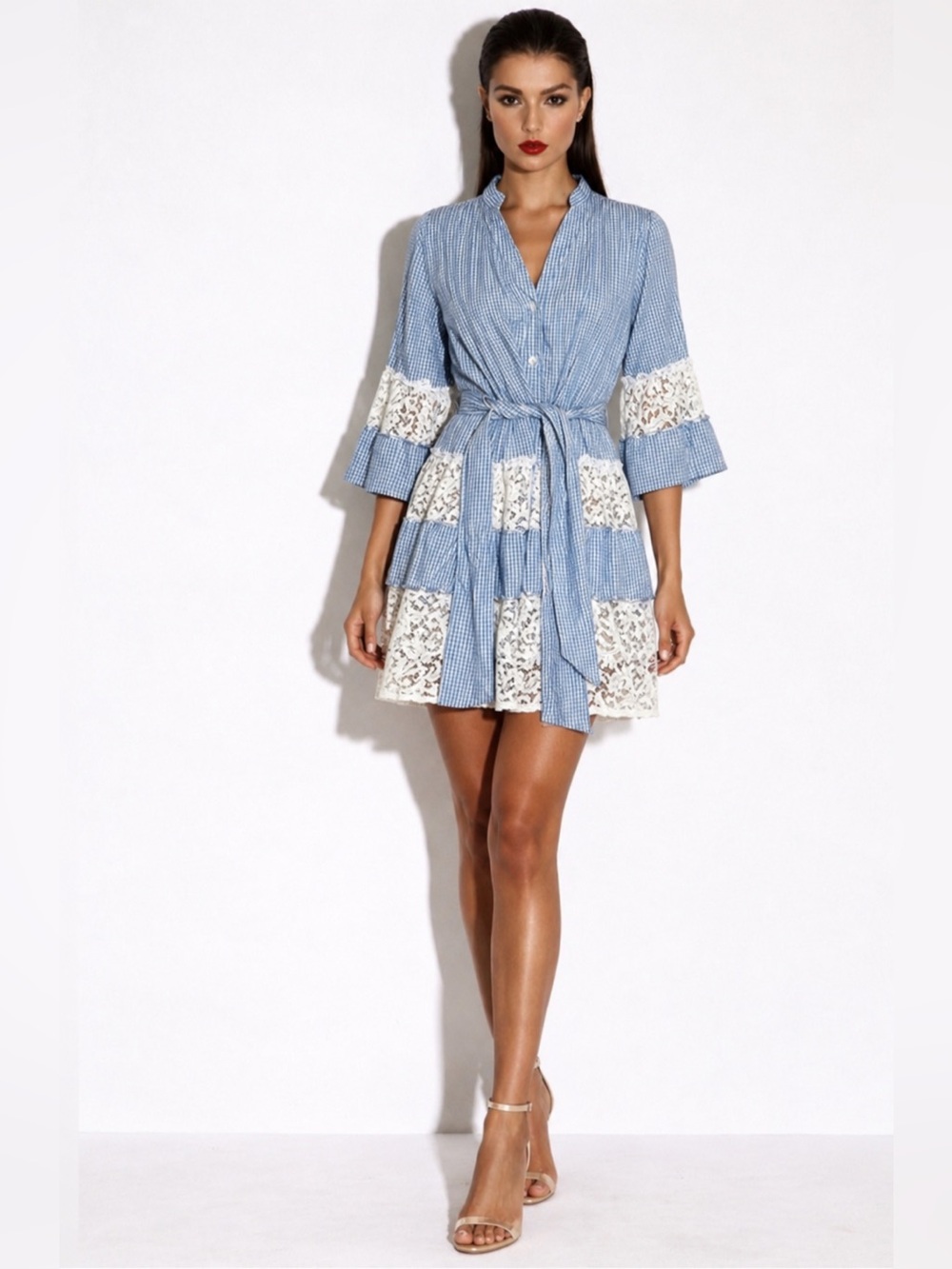 QUEEN MODA POSITANO Blue Gingham White Lace Mini Dress 100% Cotton Size Small